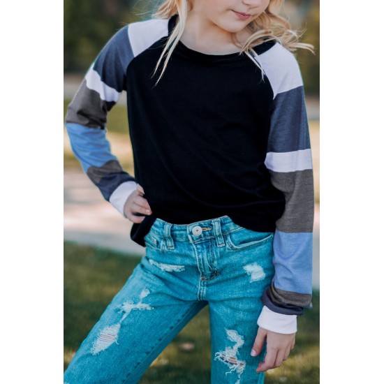 Black Striped Color Block Girl’s Long Sleeve Top Black Striped Color Block Girl’s Long Sleeve Top