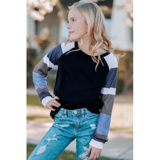 Black Striped Color Block Girl’s Long Sleeve Top Black Striped Color Block Girl’s Long Sleeve Top