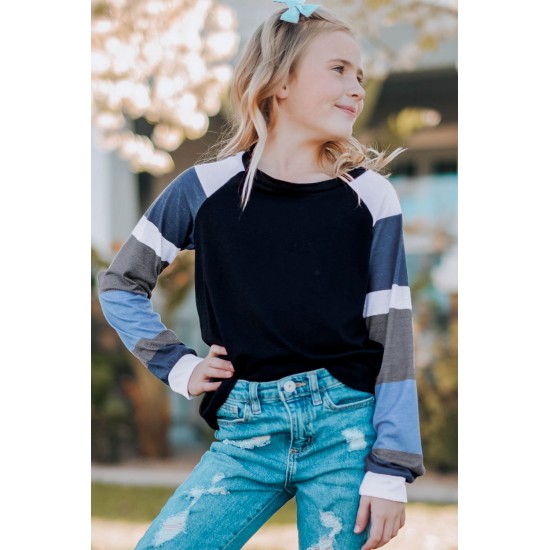 Black Striped Color Block Girl’s Long Sleeve Top Black Striped Color Block Girl’s Long Sleeve Top