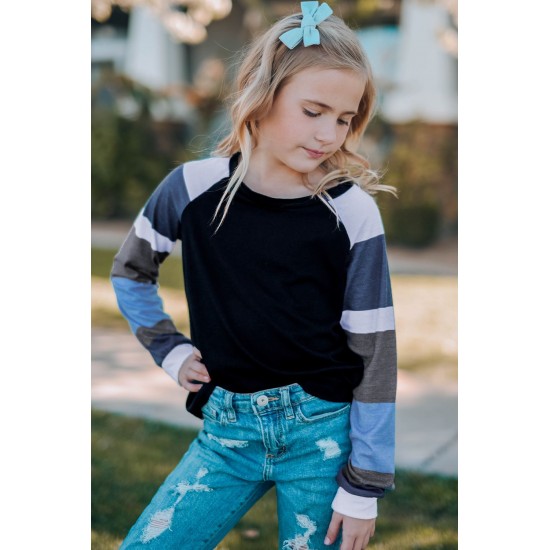 Black Striped Color Block Girl’s Long Sleeve Top Black Striped Color Block Girl’s Long Sleeve Top