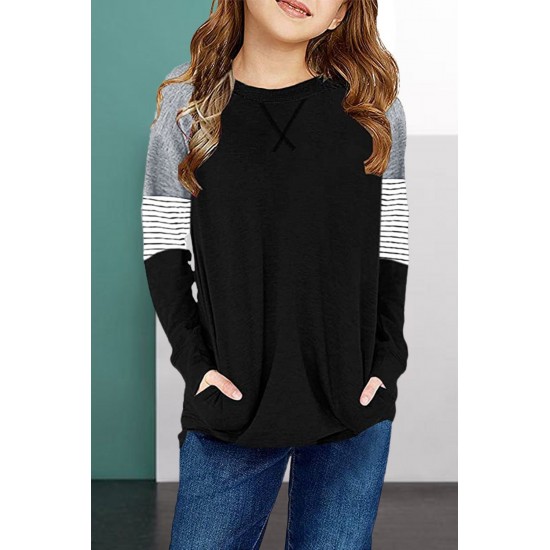 Black Striped Colorblock Long Sleeve Girls Blouse with Pocket Black Striped Colorblock Long Sleeve Girls Blouse with Pocket