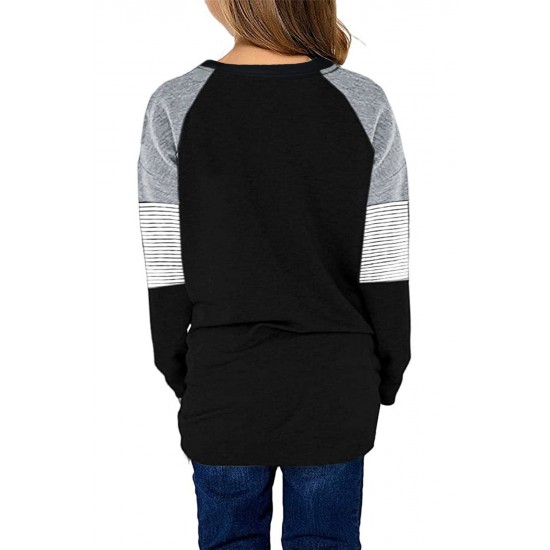 Black Striped Colorblock Long Sleeve Girls Blouse with Pocket Black Striped Colorblock Long Sleeve Girls Blouse with Pocket
