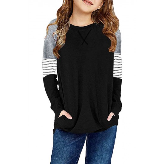 Black Striped Colorblock Long Sleeve Girls Blouse with Pocket Black Striped Colorblock Long Sleeve Girls Blouse with Pocket