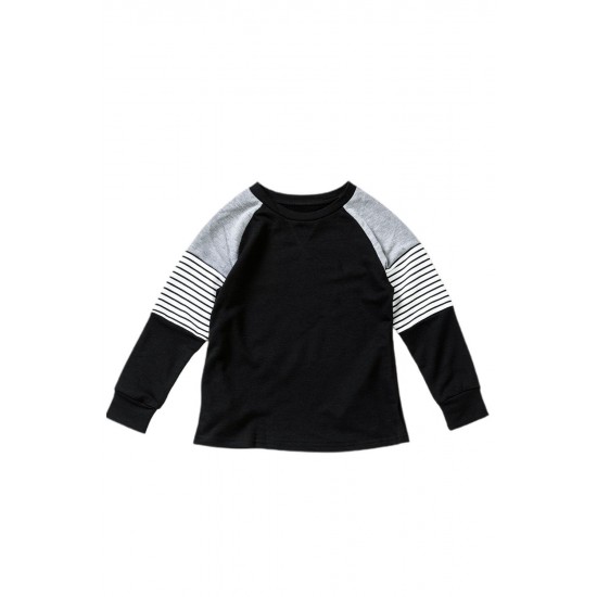 Black Striped Colorblock Long Sleeve Girls Blouse with Pocket Black Striped Colorblock Long Sleeve Girls Blouse with Pocket