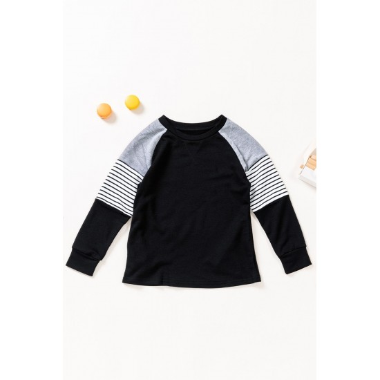 Black Striped Colorblock Long Sleeve Girls Blouse with Pocket Black Striped Colorblock Long Sleeve Girls Blouse with Pocket