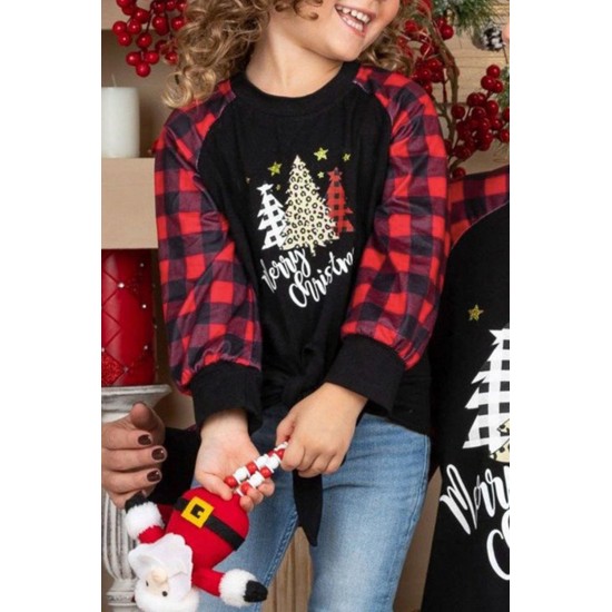 Family Matching Girl's Plaid Christmas Print Tie Knot Long Sleeve Top Family Matching Girl's Plaid Christmas Print Tie Knot Long Sleeve Top