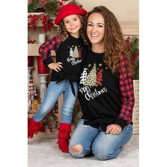Family Matching Girl's Plaid Christmas Print Tie Knot Long Sleeve Top Family Matching Girl's Plaid Christmas Print Tie Knot Long Sleeve Top