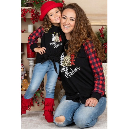 Family Matching Girl's Plaid Christmas Print Tie Knot Long Sleeve Top Family Matching Girl's Plaid Christmas Print Tie Knot Long Sleeve Top