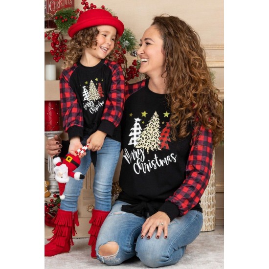 Family Matching Girl's Plaid Christmas Print Tie Knot Long Sleeve Top Family Matching Girl's Plaid Christmas Print Tie Knot Long Sleeve Top