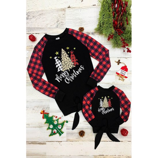 Family Matching Girl's Plaid Christmas Print Tie Knot Long Sleeve Top Family Matching Girl's Plaid Christmas Print Tie Knot Long Sleeve Top