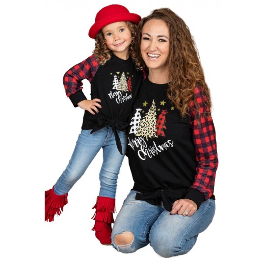 Family Matching Girl's Plaid Christmas Print Tie Knot Long Sleeve Top Family Matching Girl's Plaid Christmas Print Tie Knot Long Sleeve Top