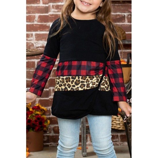 Little Girls Plaid and Leopard Colorblock Long Sleeve Top Little Girls Plaid and Leopard Colorblock Long Sleeve Top