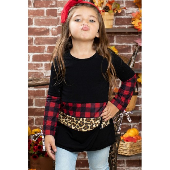 Little Girls Plaid and Leopard Colorblock Long Sleeve Top Little Girls Plaid and Leopard Colorblock Long Sleeve Top