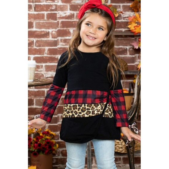Little Girls Plaid and Leopard Colorblock Long Sleeve Top Little Girls Plaid and Leopard Colorblock Long Sleeve Top
