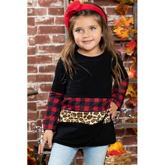 Little Girls Plaid and Leopard Colorblock Long Sleeve Top Little Girls Plaid and Leopard Colorblock Long Sleeve Top