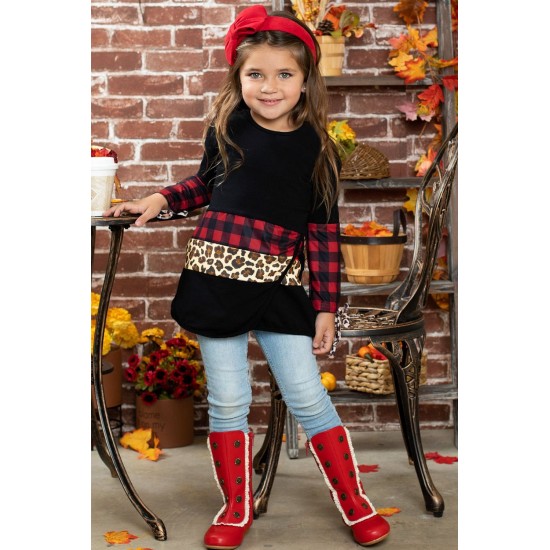 Little Girls Plaid and Leopard Colorblock Long Sleeve Top Little Girls Plaid and Leopard Colorblock Long Sleeve Top