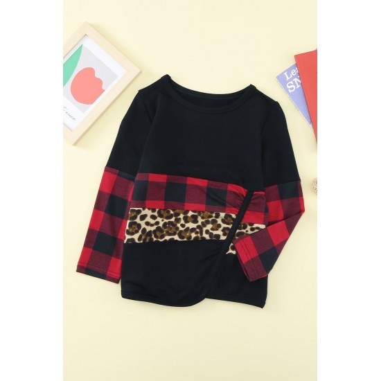Little Girls Plaid and Leopard Colorblock Long Sleeve Top Little Girls Plaid and Leopard Colorblock Long Sleeve Top