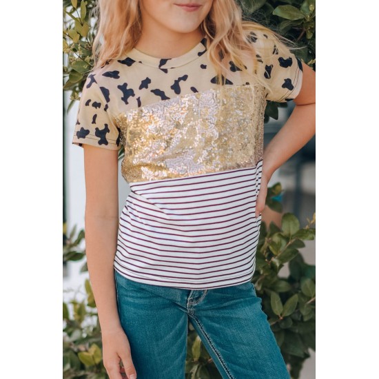 Leopard Striped Sequin Patchwork Girl's Short Sleeve Top Leopard Striped Sequin Patchwork Girl's Short Sleeve Top