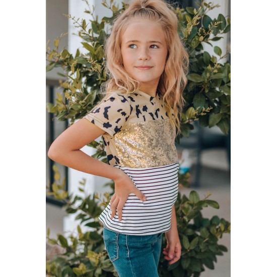 Leopard Striped Sequin Patchwork Girl's Short Sleeve Top Leopard Striped Sequin Patchwork Girl's Short Sleeve Top