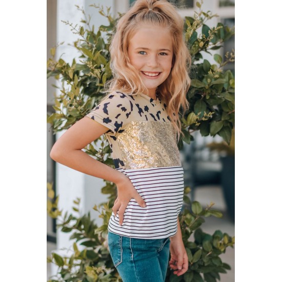 Leopard Striped Sequin Patchwork Girl's Short Sleeve Top Leopard Striped Sequin Patchwork Girl's Short Sleeve Top