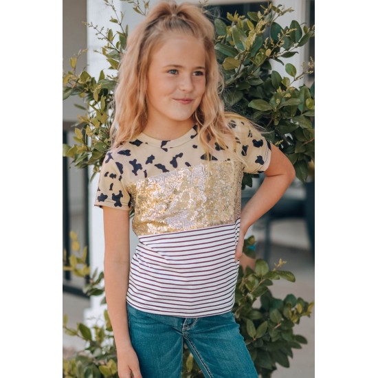 Leopard Striped Sequin Patchwork Girl's Short Sleeve Top Leopard Striped Sequin Patchwork Girl's Short Sleeve Top