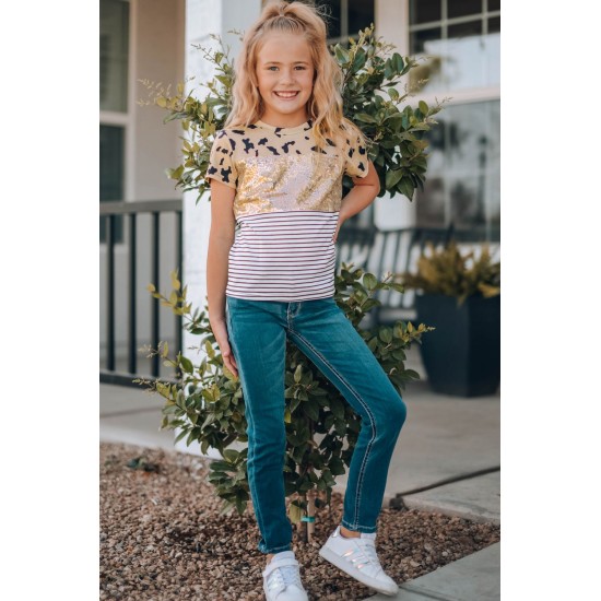 Leopard Striped Sequin Patchwork Girl's Short Sleeve Top Leopard Striped Sequin Patchwork Girl's Short Sleeve Top