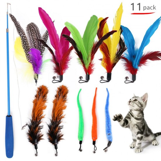 Cat Feather Rod Interactive Feather Teaser Retractable Cat Wand 11 PCS Cat Feather Rod Interactive Feather Teaser Retractable Cat Wand 11 PCS