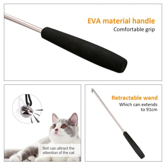 Cat Pet Feather Wand Cat Interactive Retractable Feather Toys Teaser with Bell 5 pcs Feather Replacement Cat Pet Feather Wand Cat Interactive Retractable Feather Toys Teaser with Bell 5 pcs Feather Replacement