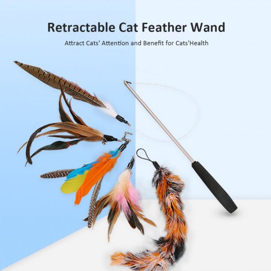 Cat Pet Feather Wand Cat Interactive Retractable Feather Toys Teaser with Bell 5 pcs Feather Replacement Cat Pet Feather Wand Cat Interactive Retractable Feather Toys Teaser with Bell 5 pcs Feather Replacement