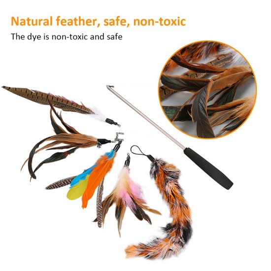 Cat Pet Feather Wand Cat Interactive Retractable Feather Toys Teaser with Bell 5 pcs Feather Replacement Cat Pet Feather Wand Cat Interactive Retractable Feather Toys Teaser with Bell 5 pcs Feather Replacement