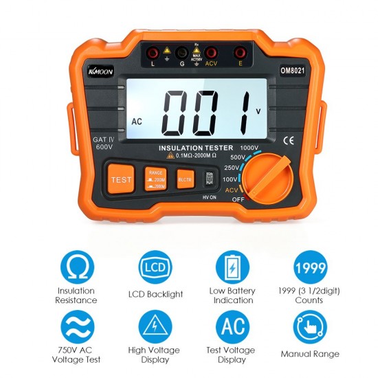 KKmoon Insulation Resistance Tester DCV ACV Meter 1000V Ground Megger Megohmmeter MegOhm Voltmeter w/LCD Backlight Display KKmoon Insulation Resistance Tester DCV ACV Meter 1000V Ground Megger Megohmmeter MegOhm Voltmeter w/LCD Backlight Display