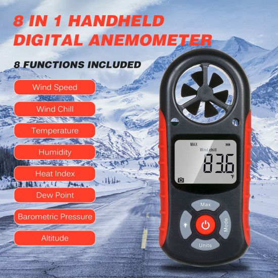 8 in 1 Handheld Digital Anemometer Wind Speed/Wind Chill/Temperature/Humidity/Heat Index/Dew Point/Barometric Pressure/Altitude Meter Digital Meteorograph with LCD Backlight 8 in 1 Handheld Digital Anemometer Wind Speed/Wind Chill/Temperature/Humidity/Heat Index/Dew Point/Barometric Pressure/Altitude Meter Digital Meteorograph with LCD Backlight