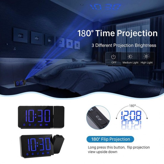 Projection Alarm Clock 180°Projector with FM Radio Snooze Function 4 Dimmer Dual Alarm USB Charging Digital Clock 12H/24H for Bedrooms Projection Alarm Clock 180°Projector with FM Radio Snooze Function 4 Dimmer Dual Alarm USB Charging Digital Clock 12H/24H for Bedrooms