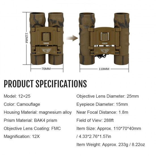 12×25 Binoculars Daily Waterproof Camouflage Telescope BAK4 High Magnification High Definition High Resolution Handheld for Outdoor Traveling Bird Watching Concert Ball Games Events 12×25 Binoculars Daily Waterproof Camouflage Telescope BAK4 High Magnification High Definition High Resolution Handheld for Outdoor Traveling Bird Watching Concert Ball Games Events