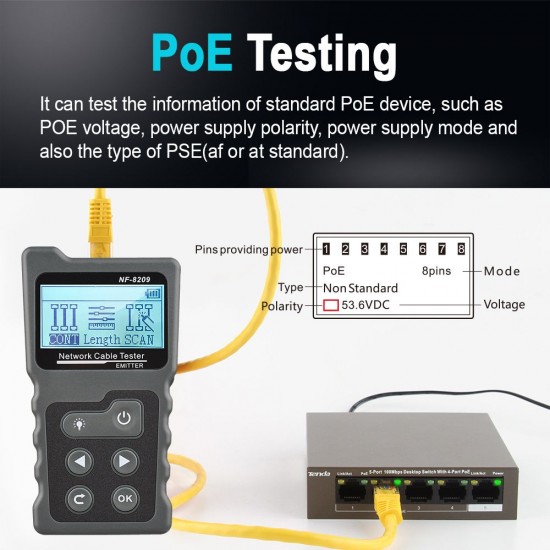 Multi-functional LCD Network Cable Tester Wire Tracker PoE Checker Inline PoE Voltage and Current Tester with Cable Tester with Illuminate Function Multi-functional LCD Network Cable Tester Wire Tracker PoE Checker Inline PoE Voltage and Current Tester with Cable Tester with Illuminate Function