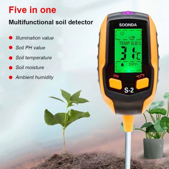 5-in-1 Soil Tester Multifunctional Soil Detector Moisture Meter pH Meter Temperature Soil/Ambient Moisture Sunlight Intensity pH Tester 5-in-1 Soil Tester Multifunctional Soil Detector Moisture Meter pH Meter Temperature Soil/Ambient Moisture Sunlight Intensity pH Tester