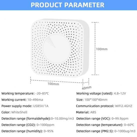 Tuya WiFi Intelligent Air Housekeeper 6-in-1 Air Quality Monitor PM2.5/Formaldehyde/TVOC/CO2/Temperature/Humidity Detector for Home Office Tuya WiFi Intelligent Air Housekeeper 6-in-1 Air Quality Monitor PM2.5/Formaldehyde/TVOC/CO2/Temperature/Humidity Detector for Home Office