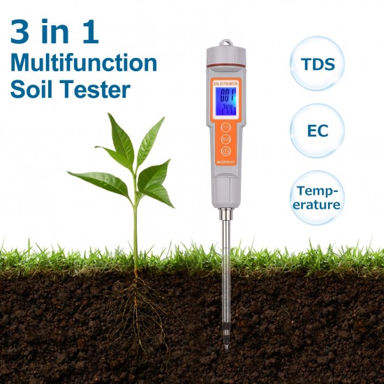 Soil Tester 3 in 1 Multifunction EC/ TDS/ Temperature Digital Soil Test Probe Meter with Backlight Screen Portable Soil Salinity Tester for Greenhouse Garden Farm Orchard Soil Tester 3 in 1 Multifunction EC/ TDS/ Temperature Digital Soil Test Probe Meter with Backlight Screen Portable Soil Salinity Tester for Greenhouse Garden Farm Orchard