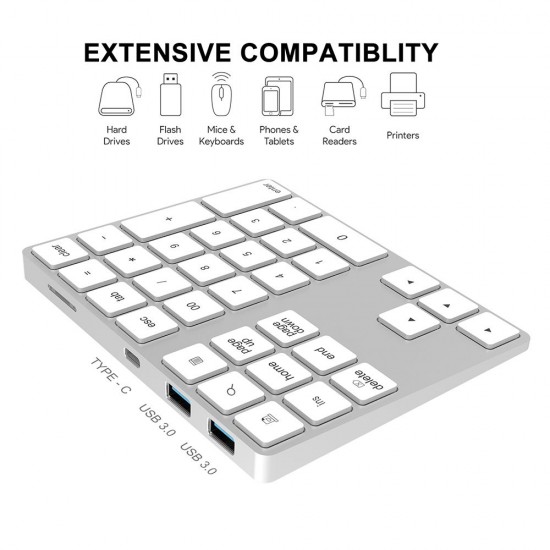 2-in-1 BT Keyboard USB-C 3.1 HUB Features 34-key Wireless Numeric Keypad with Two Extended USB3.0 Interfaces Silver 2-in-1 BT Keyboard USB-C 3.1 HUB Features 34-key Wireless Numeric Keypad with Two Extended USB3.0 Interfaces Silver
