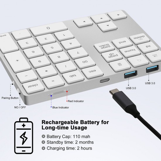 2-in-1 BT Keyboard USB-C 3.1 HUB Features 34-key Wireless Numeric Keypad with Two Extended USB3.0 Interfaces Silver 2-in-1 BT Keyboard USB-C 3.1 HUB Features 34-key Wireless Numeric Keypad with Two Extended USB3.0 Interfaces Silver