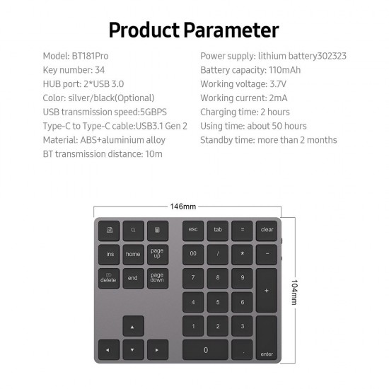 2-in-1 BT Keyboard USB-C 3.1 HUB Features 34-key Wireless Numeric Keypad with Two Extended USB3.0 Interfaces Silver 2-in-1 BT Keyboard USB-C 3.1 HUB Features 34-key Wireless Numeric Keypad with Two Extended USB3.0 Interfaces Silver