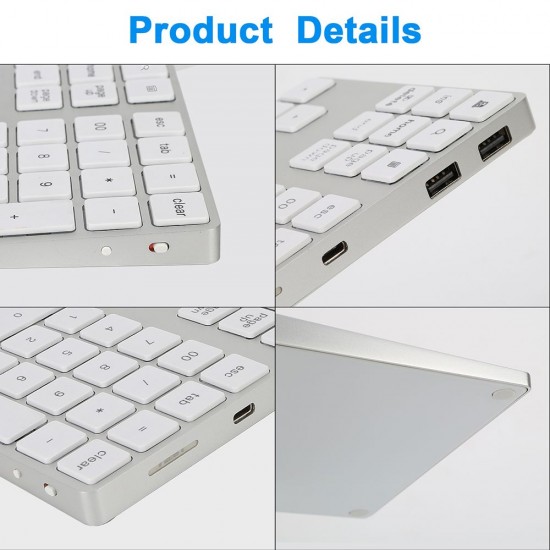 2-in-1 BT Keyboard USB-C 3.1 HUB Features 34-key Wireless Numeric Keypad with Two Extended USB3.0 Interfaces Silver 2-in-1 BT Keyboard USB-C 3.1 HUB Features 34-key Wireless Numeric Keypad with Two Extended USB3.0 Interfaces Silver