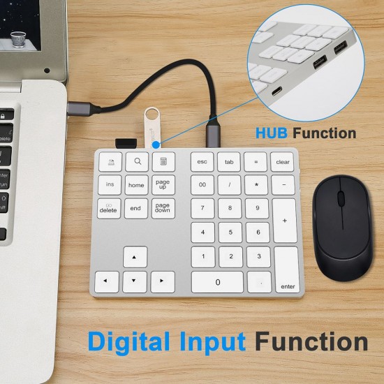 2-in-1 BT Keyboard USB-C 3.1 HUB Features 34-key Wireless Numeric Keypad with Two Extended USB3.0 Interfaces Silver 2-in-1 BT Keyboard USB-C 3.1 HUB Features 34-key Wireless Numeric Keypad with Two Extended USB3.0 Interfaces Silver