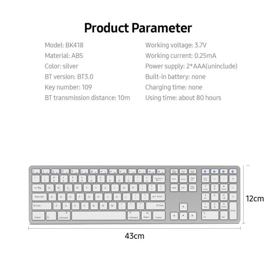 Multi-paired BT Keyboard 109-key Wireless Keyboard Support for IOS/Android/Windows System Silver Multi-paired BT Keyboard 109-key Wireless Keyboard Support for IOS/Android/Windows System Silver