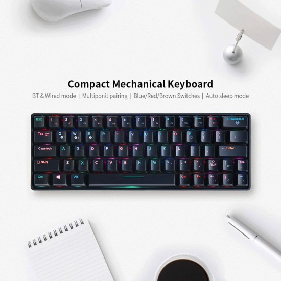 Compact Mechanical Multi-device Keyboard with 64 keys BT & Type-C Mode 18 RGB Backlit Effects N-key Rollover Blue Switches Black Compact Mechanical Multi-device Keyboard with 64 keys BT & Type-C Mode 18 RGB Backlit Effects N-key Rollover Blue Switches Black