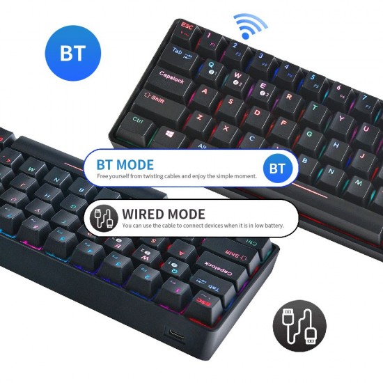 Compact Mechanical Multi-device Keyboard with 64 keys BT & Type-C Mode 18 RGB Backlit Effects N-key Rollover Blue Switches Black Compact Mechanical Multi-device Keyboard with 64 keys BT & Type-C Mode 18 RGB Backlit Effects N-key Rollover Blue Switches Black