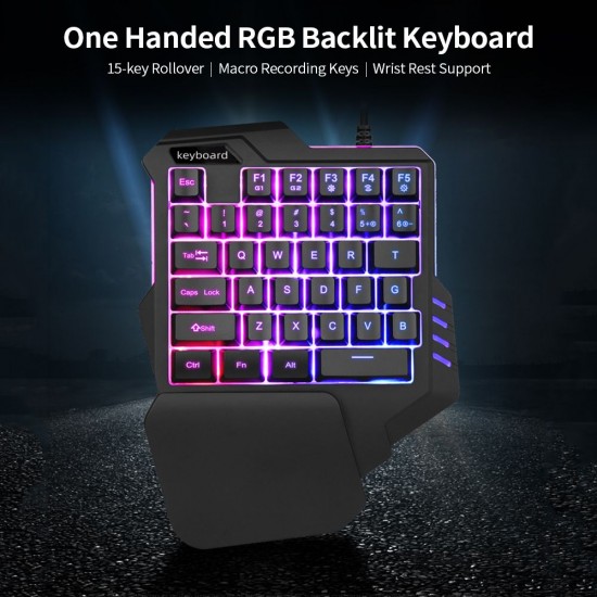 One Handed Keyboard with Wrist Rest Support Wired 35-key Keyboard RGB Backlit Keyboard 15-key Rollover/Macro Recording Keys Black One Handed Keyboard with Wrist Rest Support Wired 35-key Keyboard RGB Backlit Keyboard 15-key Rollover/Macro Recording Keys Black