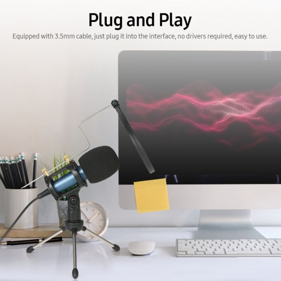 Condenser Microphone with 3.5mm Cable Noise Reduction/Tripod Stand/Pop Filter/Support Outputting to Earphone/Multiple Uses Blue Condenser Microphone with 3.5mm Cable Noise Reduction/Tripod Stand/Pop Filter/Support Outputting to Earphone/Multiple Uses Blue
