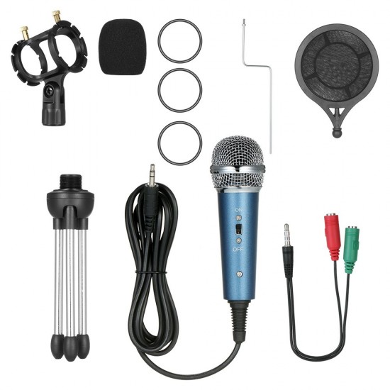 Condenser Microphone with 3.5mm Cable Noise Reduction/Tripod Stand/Pop Filter/Support Outputting to Earphone/Multiple Uses Blue Condenser Microphone with 3.5mm Cable Noise Reduction/Tripod Stand/Pop Filter/Support Outputting to Earphone/Multiple Uses Blue