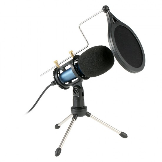 Condenser Microphone with 3.5mm Cable Noise Reduction/Tripod Stand/Pop Filter/Support Outputting to Earphone/Multiple Uses Blue Condenser Microphone with 3.5mm Cable Noise Reduction/Tripod Stand/Pop Filter/Support Outputting to Earphone/Multiple Uses Blue
